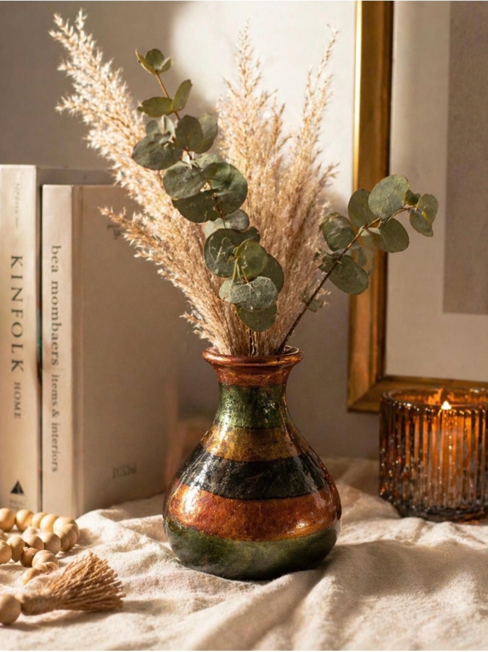 Striped Ceramic Vase in Green and Brown - Unbranded